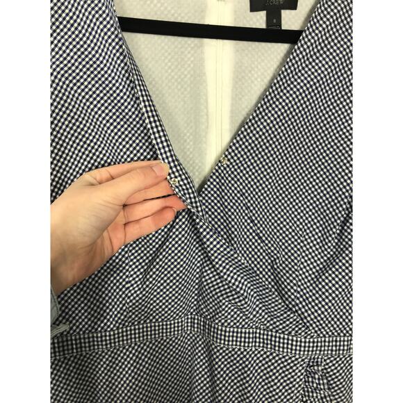 J.Crew Women's 8 Faux Wrap Ruffle Gingham Short Dress Navy White Cottagecore - Picture 6 of 11